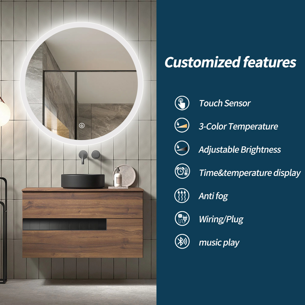 IP44 Round Frosted Edge LED Bathroom Mirror with 3-Color Dimming