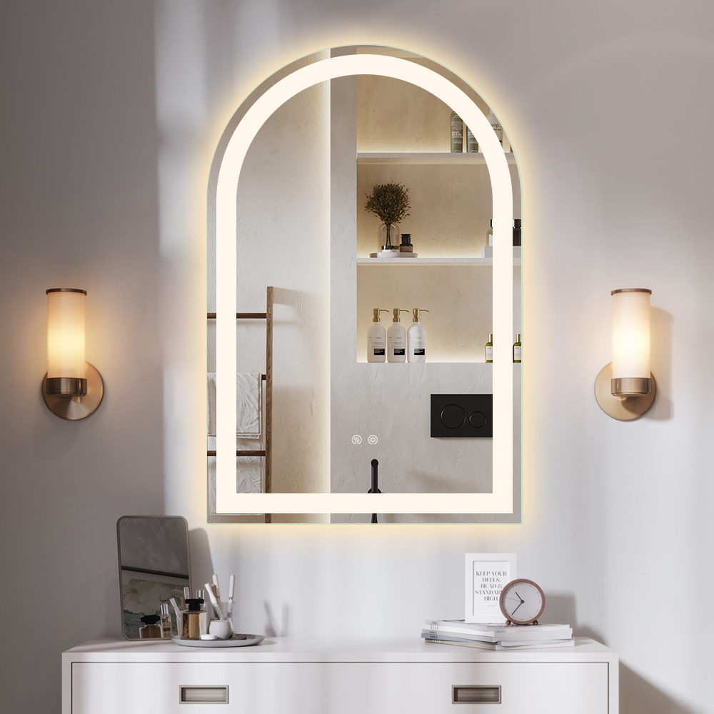 Frameless Arched Front-Lit LED Bathroom Mirror with Time and Temperature Display