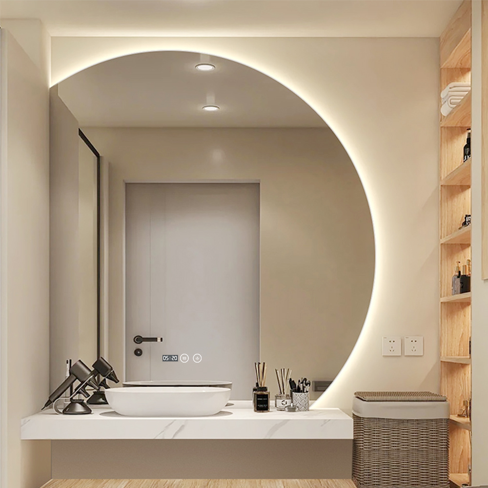 Frameless Half-Circle LED Bathroom Mirror with Time Display
