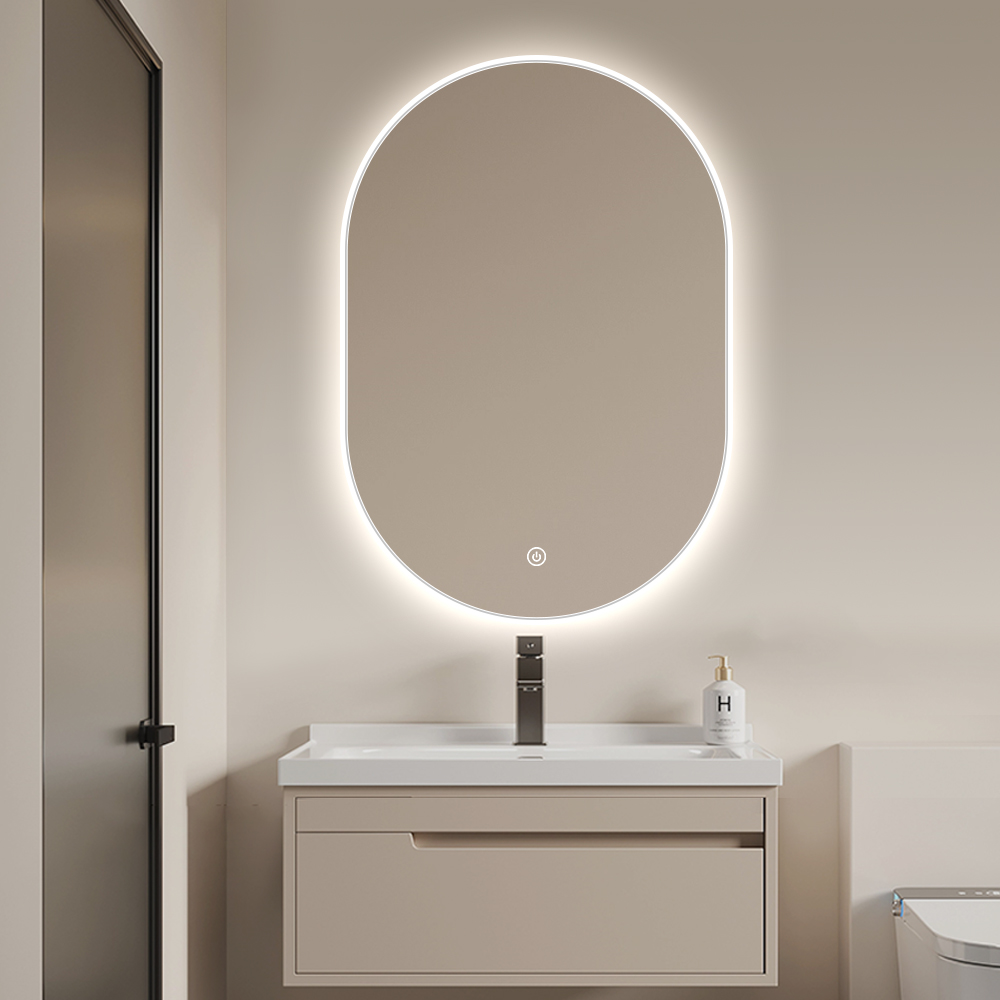 Oval Backlit LED Bathroom Mirror with White Acrylic Frame and Anti-Fog
