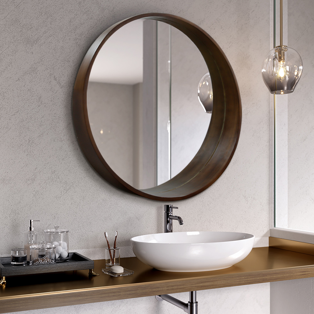 Round Deep Walnut Wood Framed Wall Mirror for Living Room and Bedroom