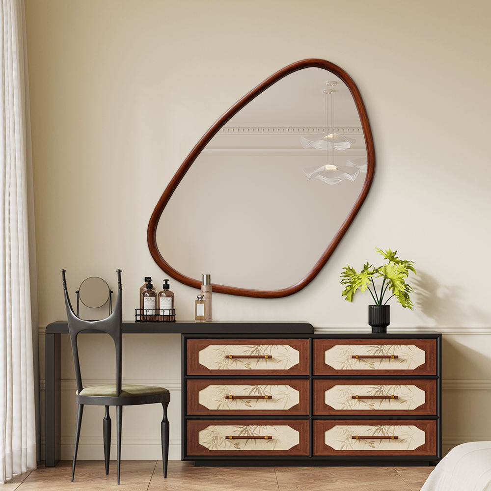 Asymmetrical Walnut Wood Frame Wall Mirror for Modern Decor