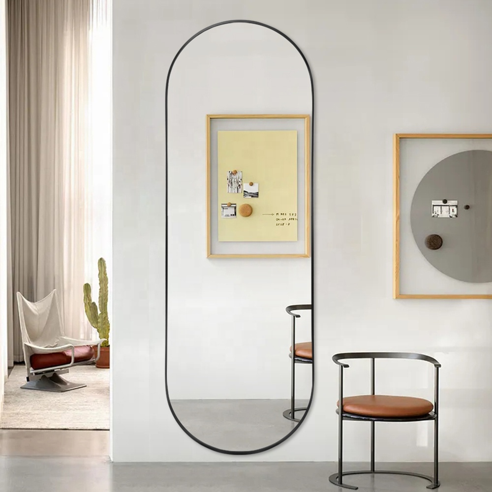 Custom Tall Oval Full-Length Black Metal Frame Dressing Mirror for Hotels and Homes