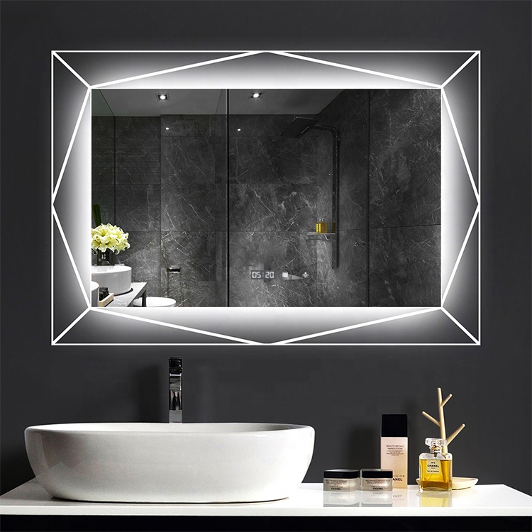 Frameless Geometric Backlit LED Smart Bathroom Mirror with Digital Clock, Touch Control Anti-Fog Wall Mount Vanity Mirror