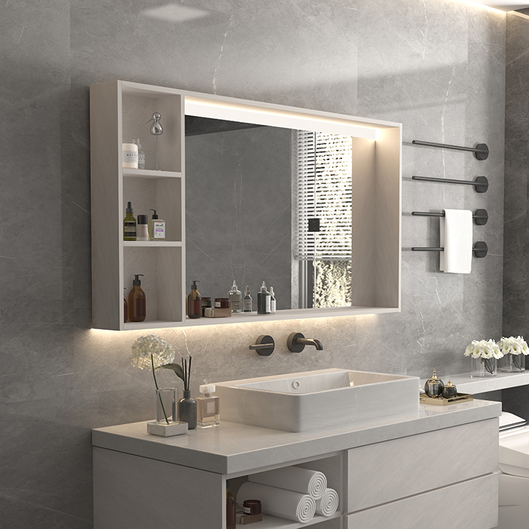 Manufacturer Rectanglar Smart Light Color Temperature Adjustable Vanity Mirror Cabinet with Storage