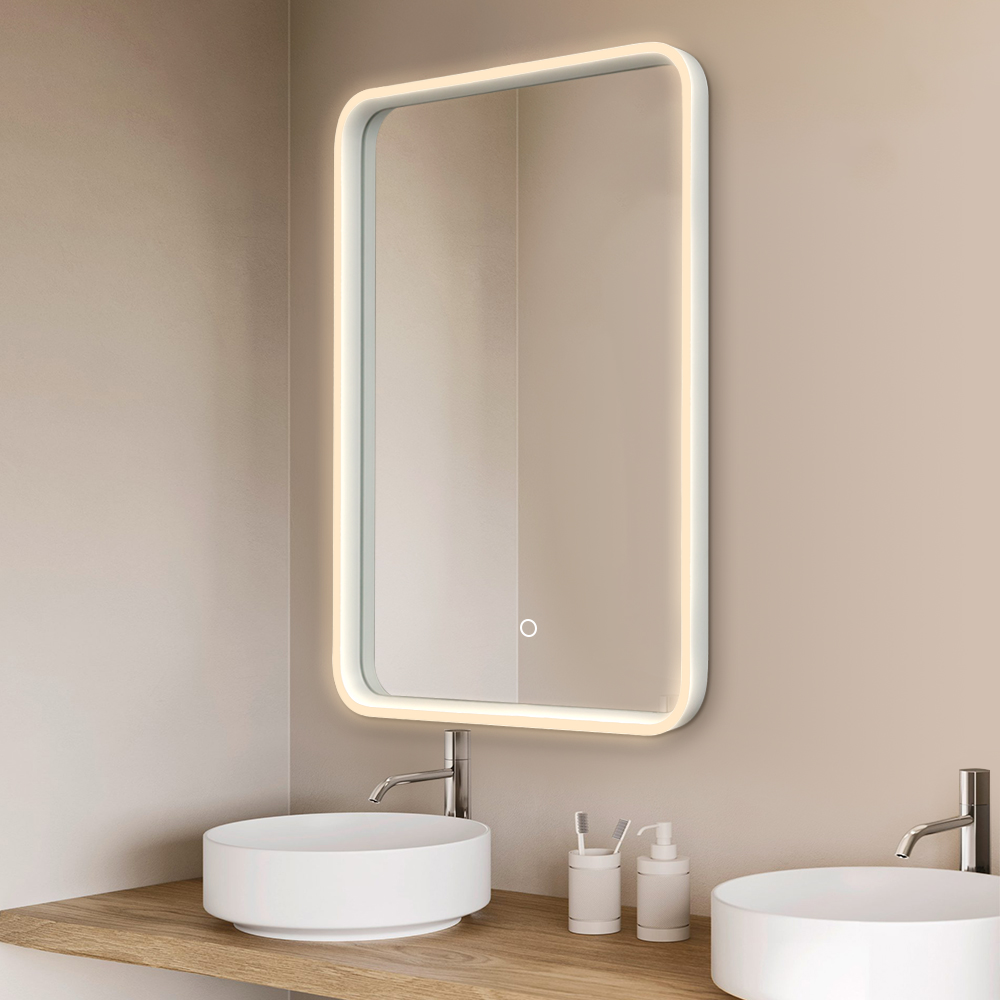 Seamless White Aluminum Framed Wall Mounted Touch Screen LED Vanity Mirror