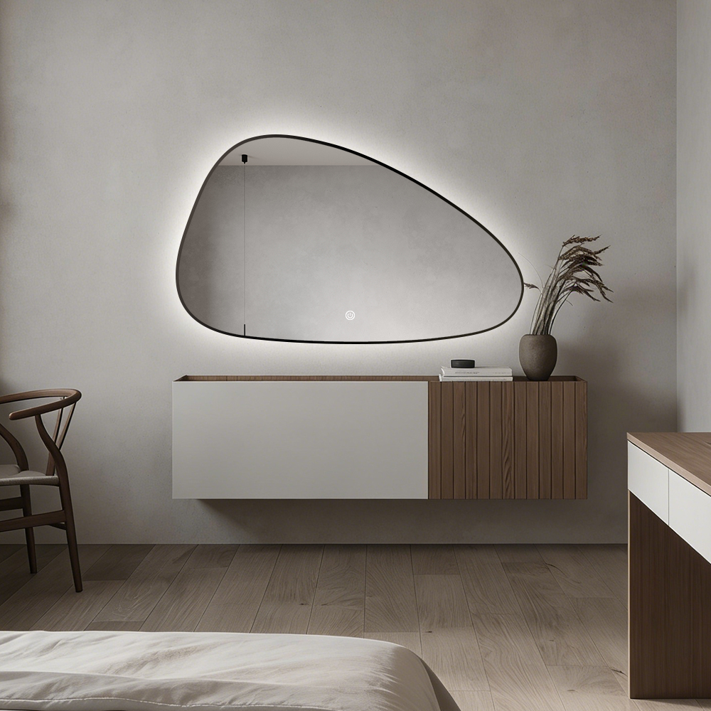 Organic shape designer black frame back lit LED bathroom mirrors with 3 color dimming and antifog