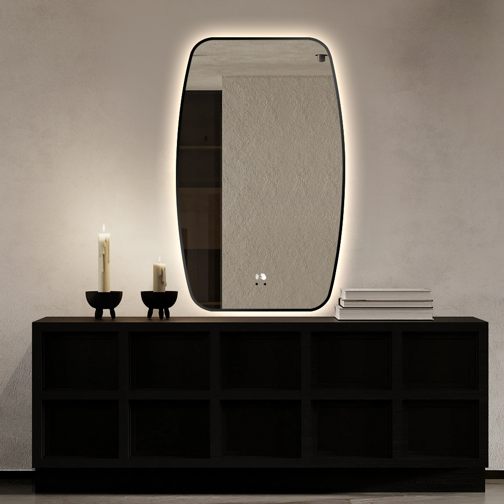 Irregular matt black frame led light mirror for bathroom with antifog and 3000-6500K dimming