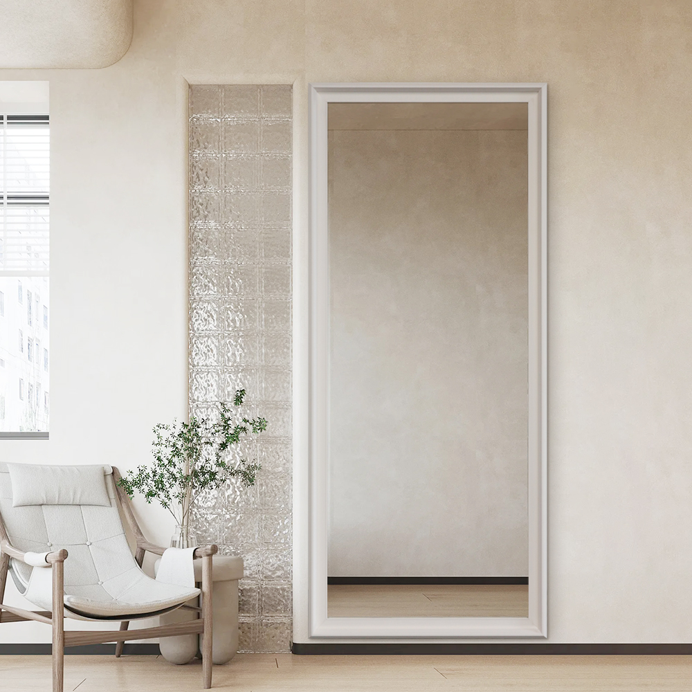 Modern Full Length Floor Mirror with Recessed Stepped Frame - Large Standing or Leaning Body Mirror for Bedroom & Living Room
