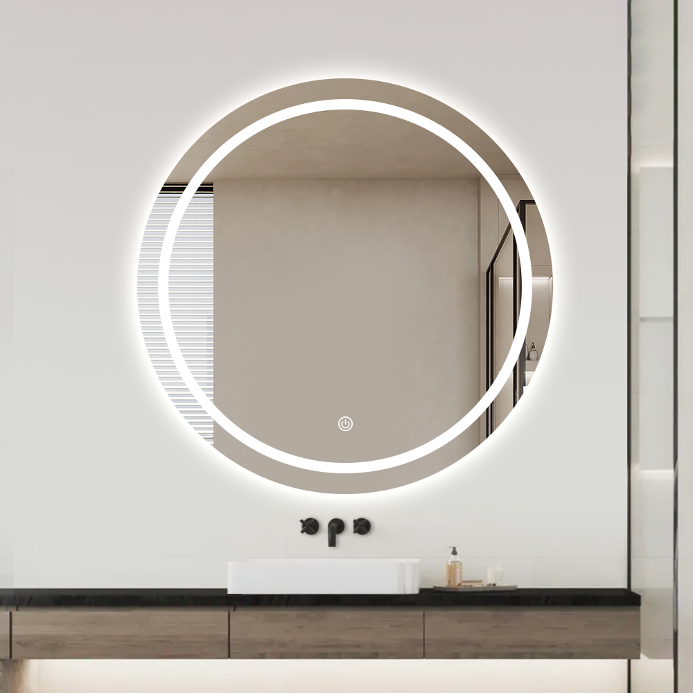 CE Round Illuminated Bathroom Mirror Frosted Front Ring Backlight 3 Color Dimmable Demister Touch Sensor 