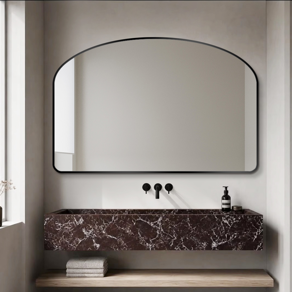 Custom Size Bathroom Wall Mirror Rounded Arch Design Black Finish Framed Mirror