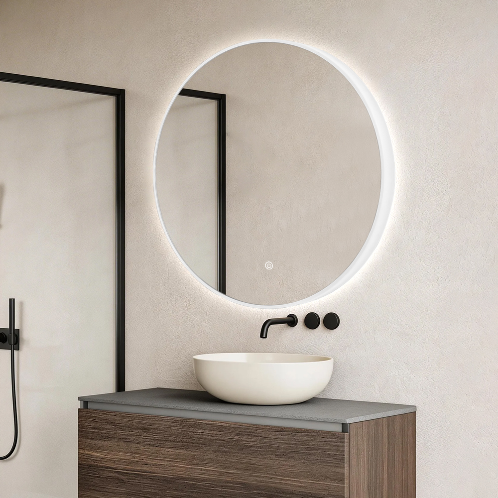 Modern Round Illuminated Vanity LED Mirror with Acrylic Border for Bathroom