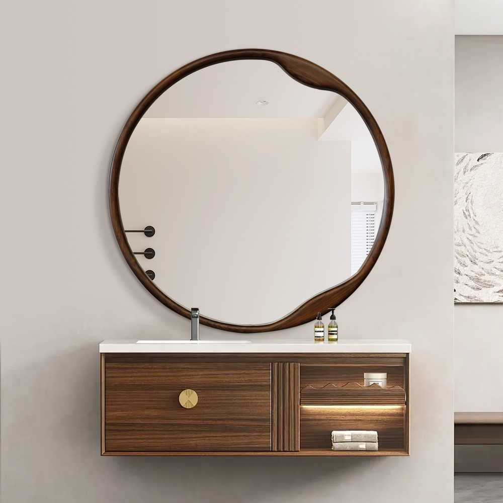Organic Round Natural Wood Framed Bathroom Mirror for Interior Design
