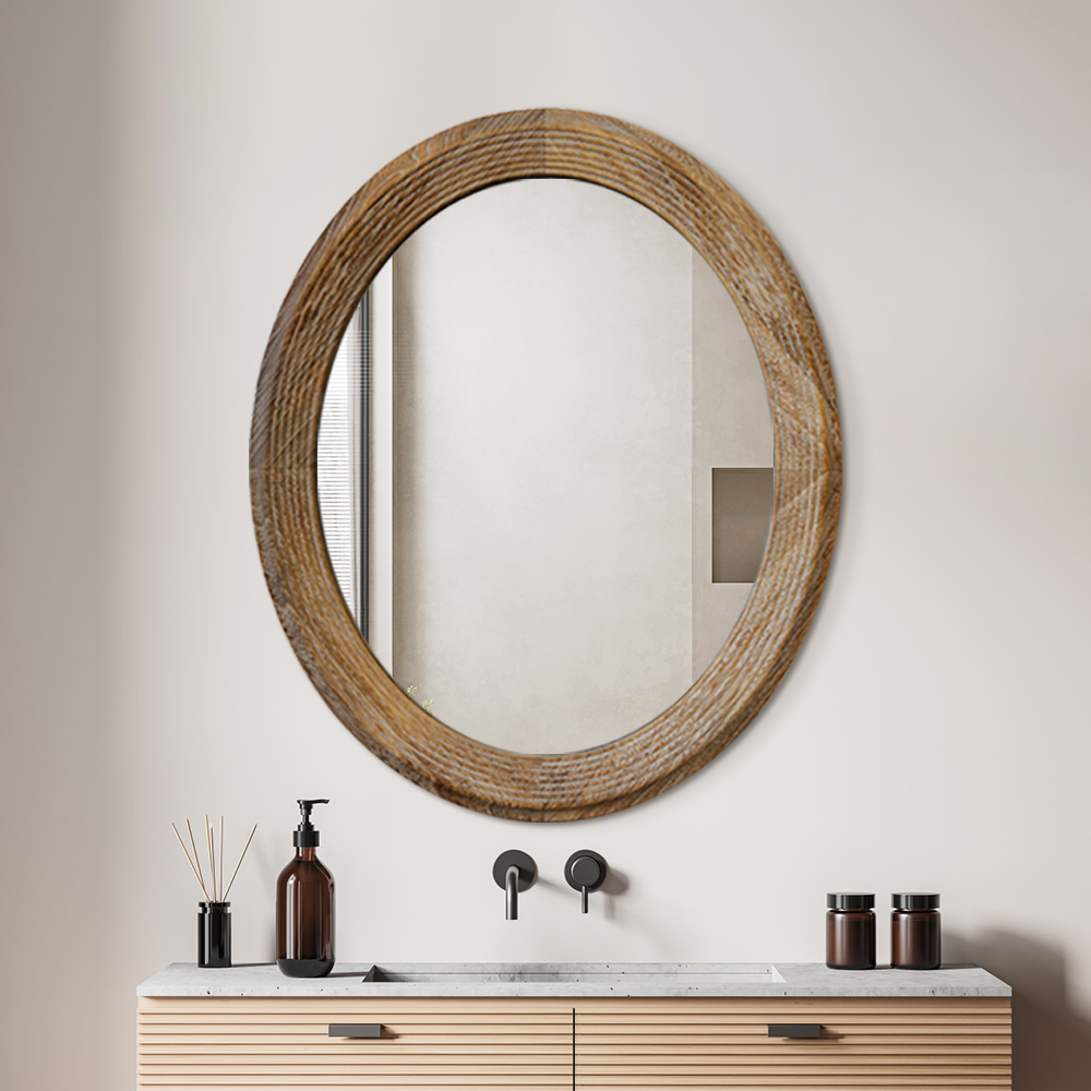 Oval Thick Wooden Frame Bathroom Wall Mirror for Decoration