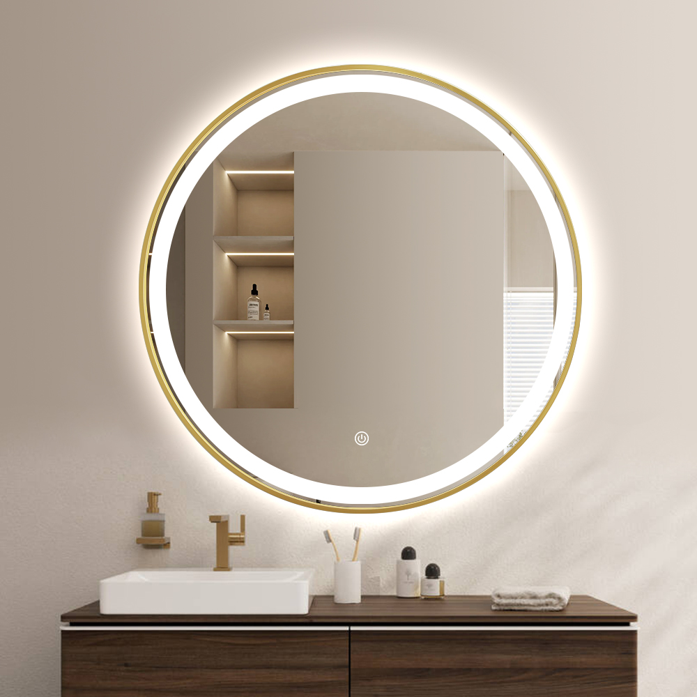 Gold Aluminum Frame Round LED Bathroom Mirror Touch Dimmable 3000‑6000K Wall Mounted Smart Bath Mirror With Anti‑fog Optional