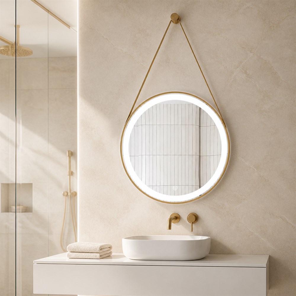 Aluminum Frame LED Bathroom Mirror With Hanging Strap Touch Dimmable Wall Hanging Smart Illuminated Bath Mirror