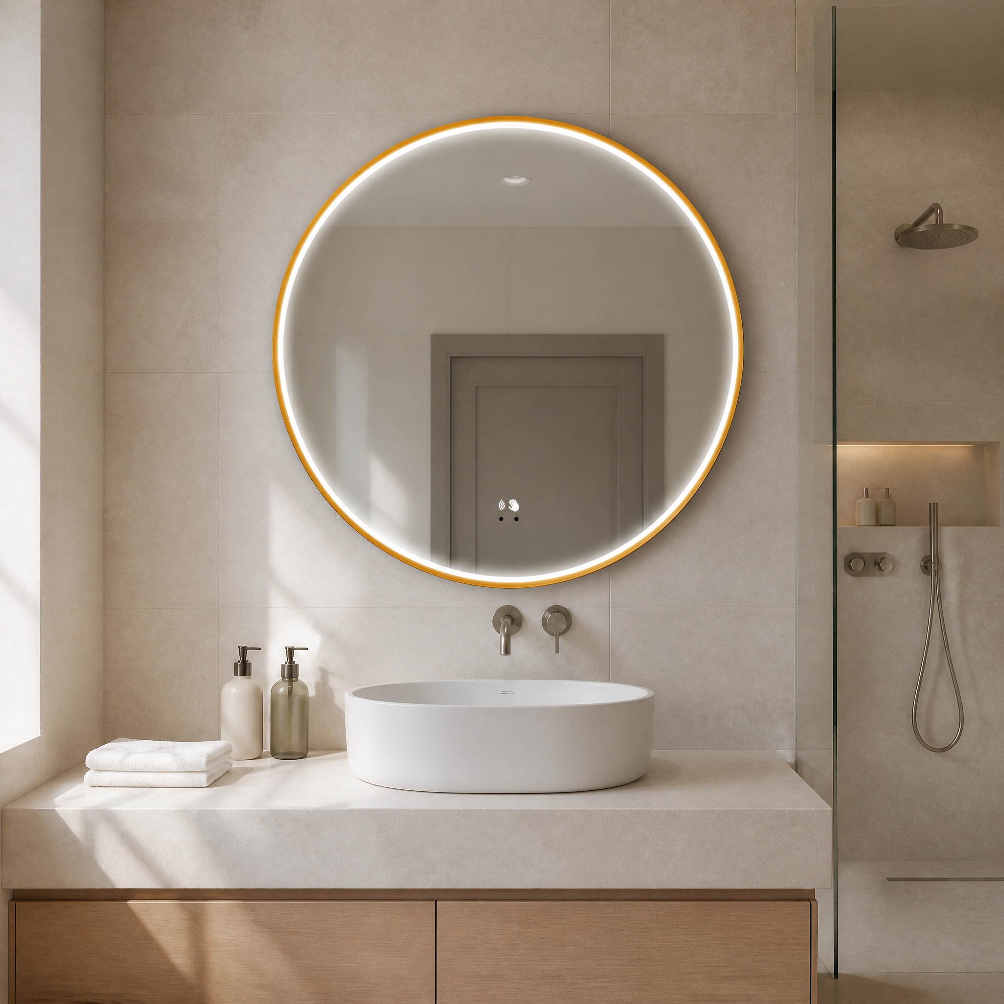 Gold Aluminum Alloy Frame Round LED Bathroom Mirror Backlit Touch Dimmable Changing Wall Mounted Smart Bath Mirror