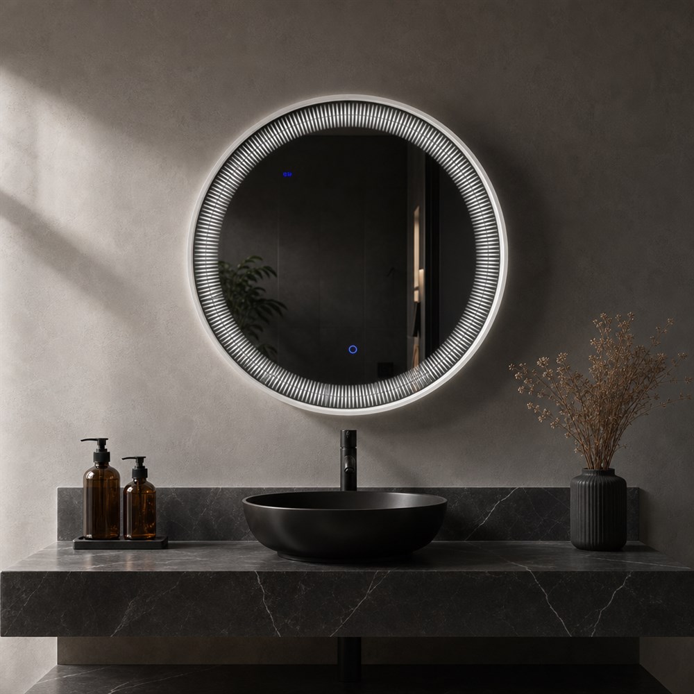 Round Textured Bezel Aluminum Frame LED Bathroom Mirror Touch DimmableSmart Illuminated Bath Mirror