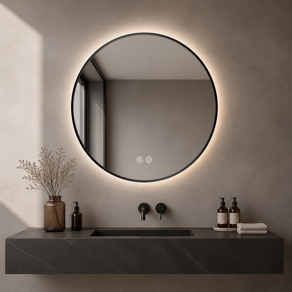 Black Stainless Steel Frame Round LED Backlit Mirror Touch Dimmable Anti‑fog Wall Mount Vanity Mirror for Bathroom Hotel Use